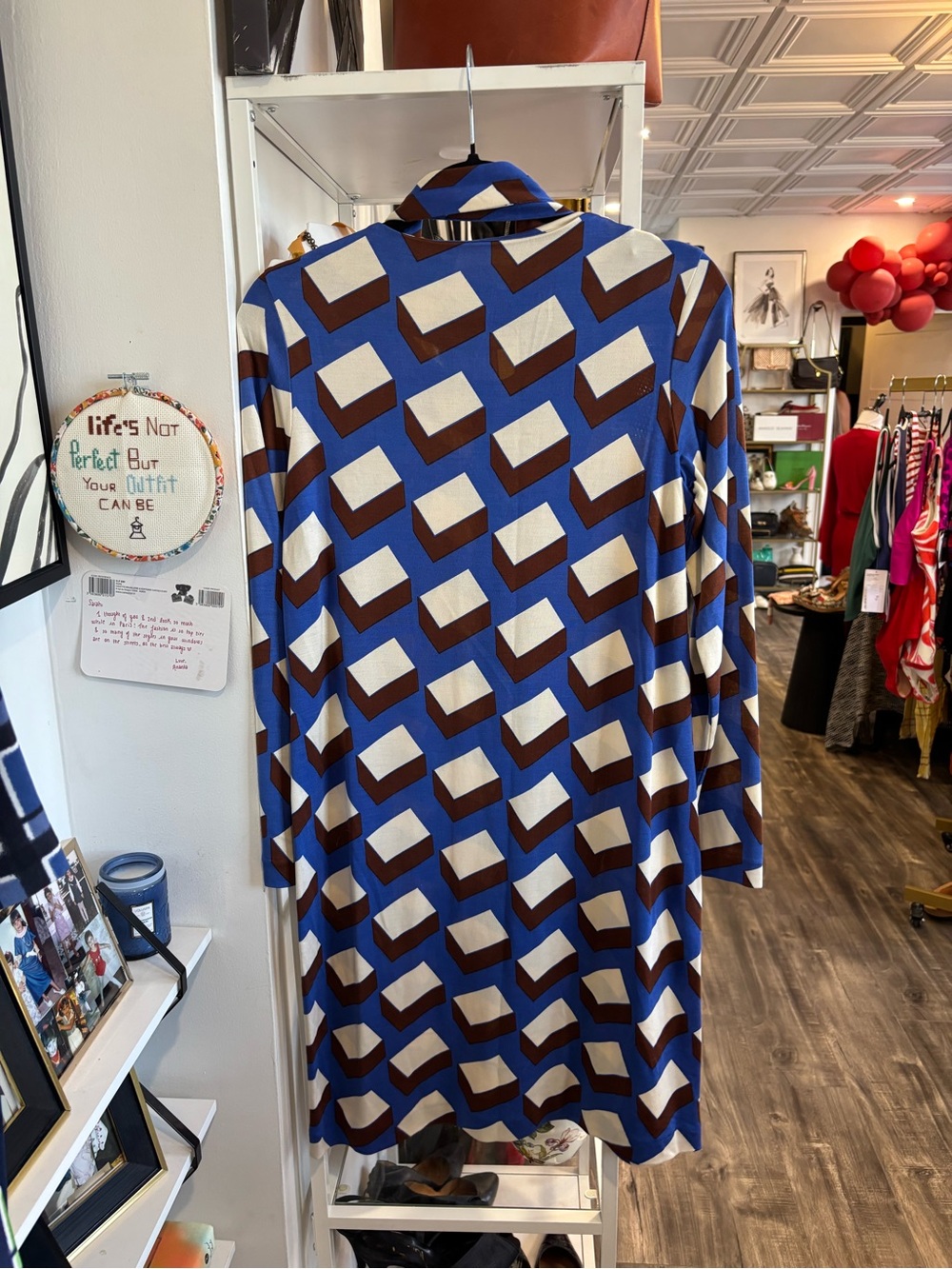 Diane Von Furstenberg Geometric Blue Brown Cream silk Long Sleeve Dress - Picture 2 of 3